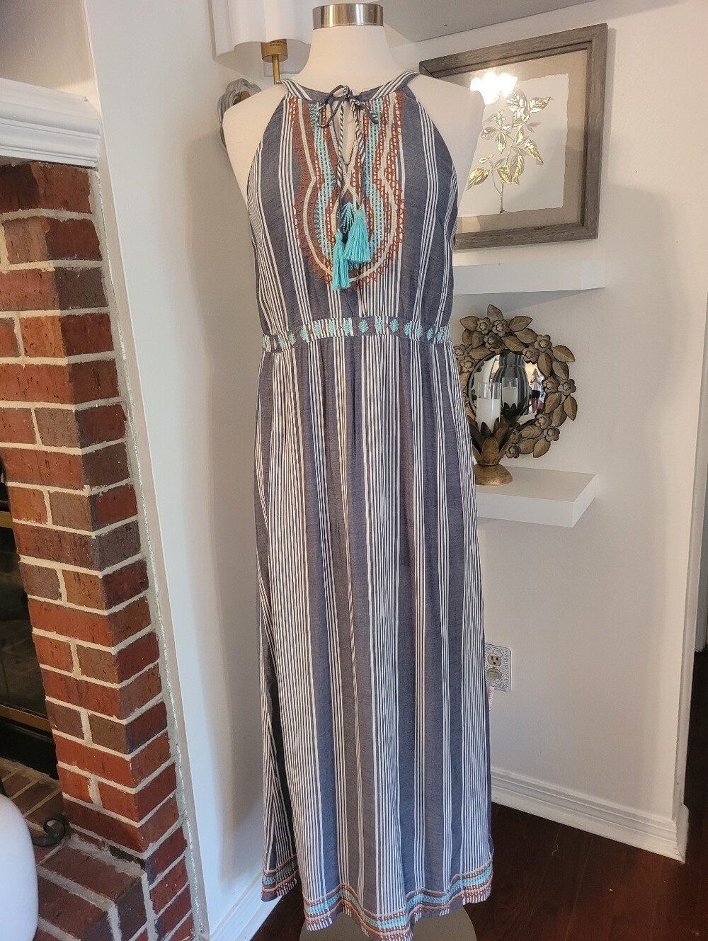 THML Striped Embroidered Maxi Dress with Tassel Detail Blue Western Large